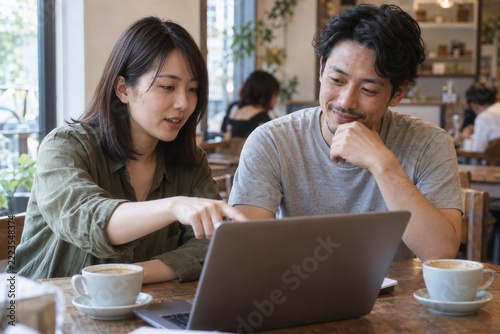 Young Couple Collaborating on a Laptop in a Cozy Café Setting