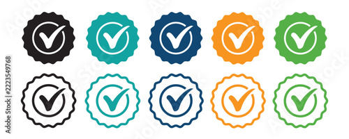 Approved or Certified Medal Icon Set Vector in a Flat Style. Verified Badge Symbol. Check Mark Signs Collection Illustration Template Design