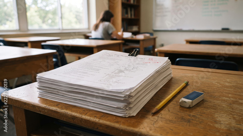 Stack of Graded Exam Papers Classroom Desk