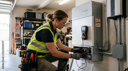 Female Technician Installing Residential Solar Inverter in Garage Concept