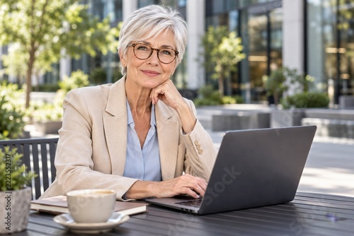 Confident elderly businesswoman with glasses and a laptop outside the office