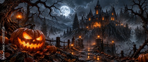 Glowing Halloween pumpkin and haunted mansion in a moonlit forest scene