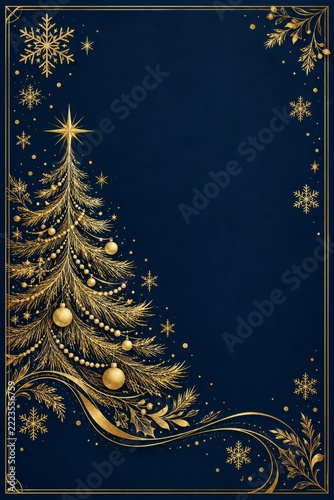 Elegant Gold Christmas Tree and Snowflake Invitation on a Navy Background