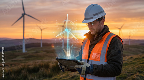 Wind Farm Engineer Using Tablet with Futuristic Turbine Hologram Concept