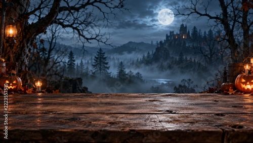 Empty Rustic Wooden Table Before a Spooky Moonlit Halloween Landscape