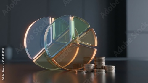 Transparent Segmented Glass Pie Chart with Coins on Table