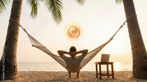 Person in Beach Hammock with Laptop Watching Glowing Coin Sunset