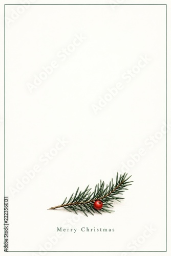 Minimal Christmas card with evergreen sprig and delicate green border