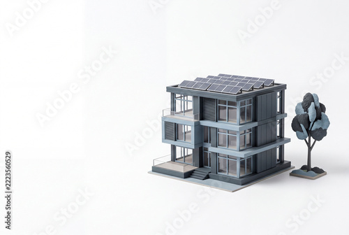 Contemporary building model displaying rooftop solar panels