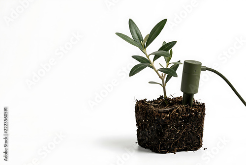 Young olive plant with soil moisture sensor measuring hydration
