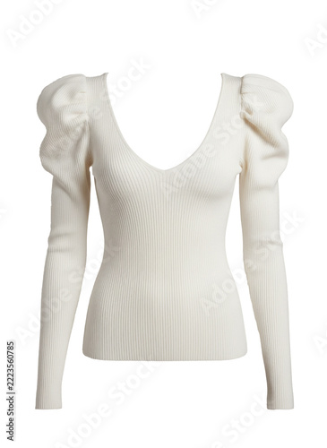 Women elegant off-white v-neck ribbed knit top with puff sleeves, long sleeve sweater isolated on a transparent background