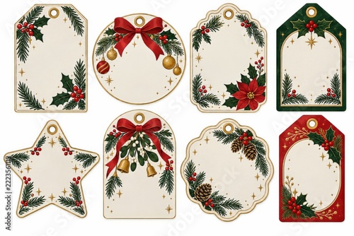 Festive Christmas Gift Label Collection with Holly Berries and Golden Details