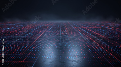 Futuristic digital floor perspective with glowing neon grid and cyber data lines. Concept of cyber background, data flow, tech perspective, circuit board, technology. Copy space.