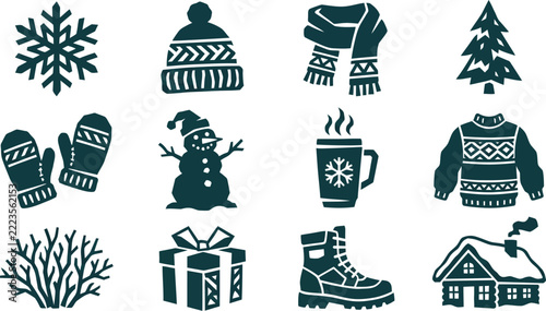 Adobe IWinter and Christmas Silhouette Vector Icon Set with Snowflake, Beanie, Scarf, Tree, Mittens, Snowman, Hot Mug, Sweater, Gift Box, Boot, and Cabinllustrator Artwork