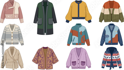 AdoModern Winter Outerwear Clothes Vector Set with Jackets, Long Coats, Cardigans, Sweaters, Kimono Jacket, and Hooded Knitwearbe Illustrator Artwork