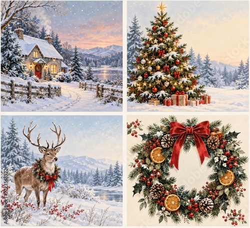 Illustrated Christmas Card Set with Snowy Cottage Tree Reindeer and Wreath
