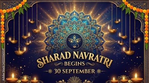 Shardiya Navratri Begins 30 September – Luxury Blue and Gold Goddess Durga Festival Poster with Diya Lamps