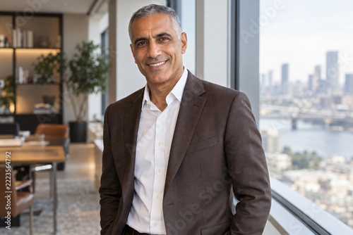 Confident smiling businessman standing beside a window in a modern office
