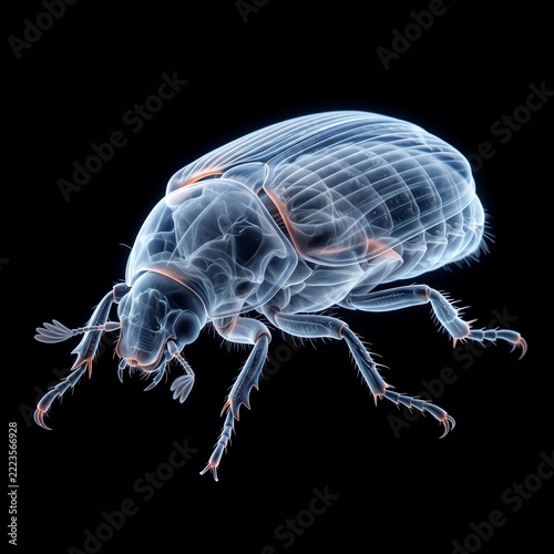 3D rendered illustration of a transparent beetle showing its internal anatomy on a black background.