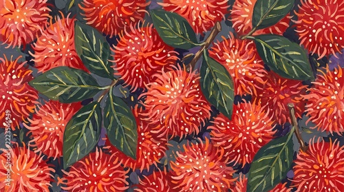 A vibrant and detailed artistic depiction of numerous red rambutan fruits with scattered green leaves against a dark backdrop.