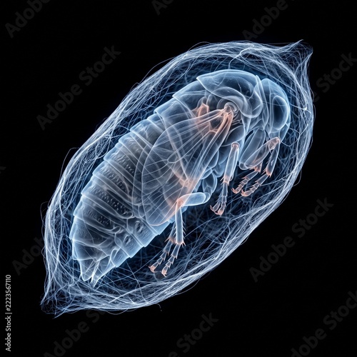 3D rendered illustration of a flea pupa developing inside its protective cocoon.