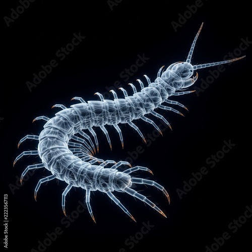 X-ray style rendering of a centipede-like arthropod on a black background.
