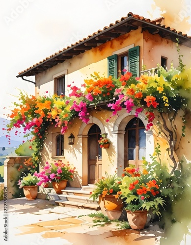 Watercolor painting of Mediterranean villa decorated with colorful bougainvillea flowers