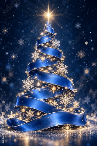 Blue Ribbon Christmas Tree with Glowing Lights and Silver Snowflakes
