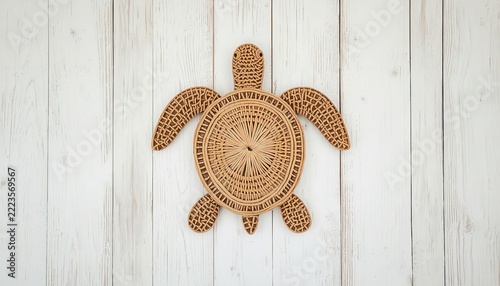 Handcrafted woven rattan sea turtle decorative wall hanging resting centrally upon white painted wooden planks surface background
