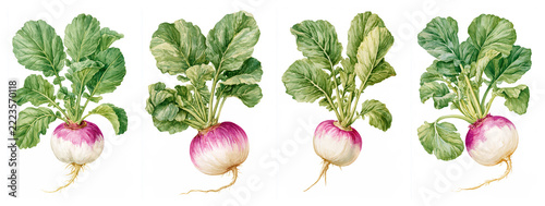 Set of four watercolor botanical illustrations of Turnip plant showing broad green leaves and a round white root with a purple-pink crown and a thin taproot tail
