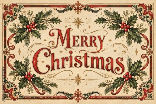 Vintage Christmas Label with Ornate Holly Border and Traditional Lettering