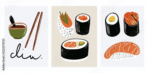 Cute minimalist modern posters featuring sushi and Japanese food illustrations
