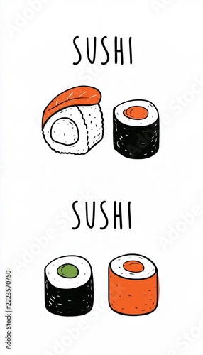 Cute minimalist modern posters featuring sushi and Japanese food illustrations