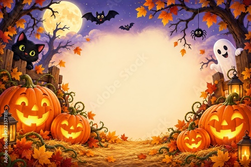 Child friendly Halloween pumpkin illustration with a spacious empty center
