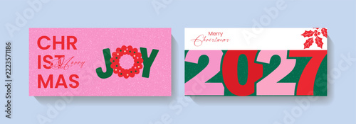 Trendy Christmas and 2027 New Year Horizontal Banner Collection with Bold Typography, Joy Wreath and Holly Branches. Festive Holiday Vector Set for Web and Print.