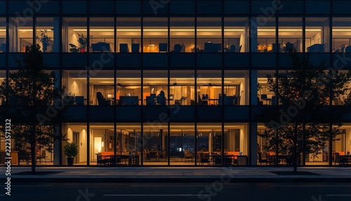 Modern corporate office building facade featuring brightly illuminated windows displaying multiple interior workspaces during late evening hours