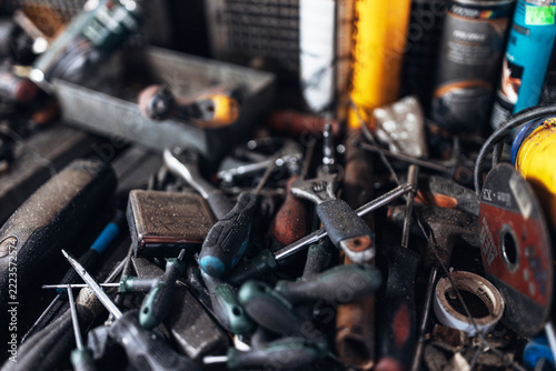 Professional tools in automotive vintage old repair workshop