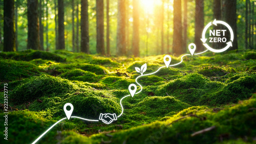 Net Zero sustainability path through a mossy forest