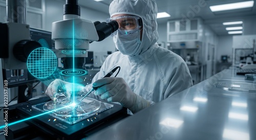 A specialized optical technician inspects a laser assisted metrology wafer under a microscope inside a high tech cleanroom facility for precision semiconductor calibration