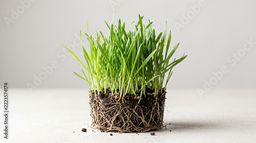 Green Grass Clump with Exposed Roots Isolated on Light Background