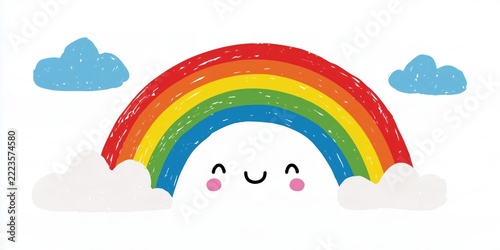 Bright cute rainbow with clouds on white background in cartoon style