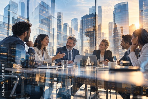 Business team meeting blended with modern city towers in a double exposure