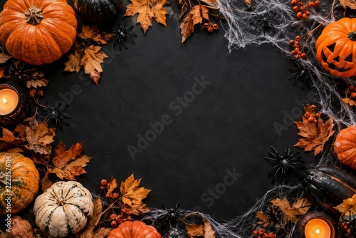 Halloween flat lay border of pumpkins spiders and cobwebs on black