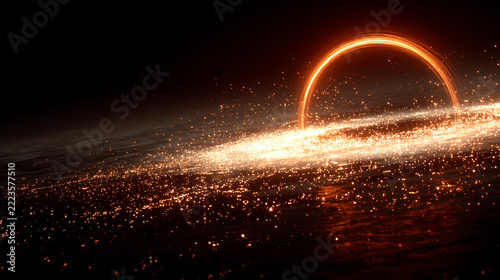 Glowing orange ring portal over a swirl of particles in dark space