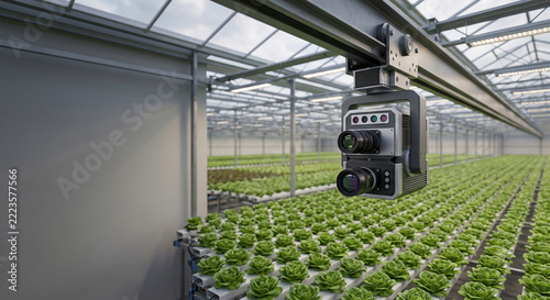 An industrial multispectral scanning camera moves on an overhead ceiling rail inside a commercial indoor greenhouse to capture real-time crop health diagnostics over hydroponic lettuce
