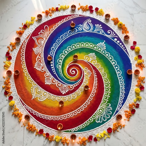 Colorful Diwali rangoli design with vibrant swirls and traditional