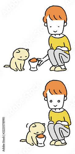 猫の食事シーン（エサやり・ご飯タイム）のイラスト