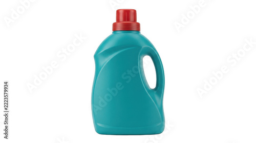 Turquoise plastic laundry detergent bottle with red cap, blank packaging isolated on transparent background