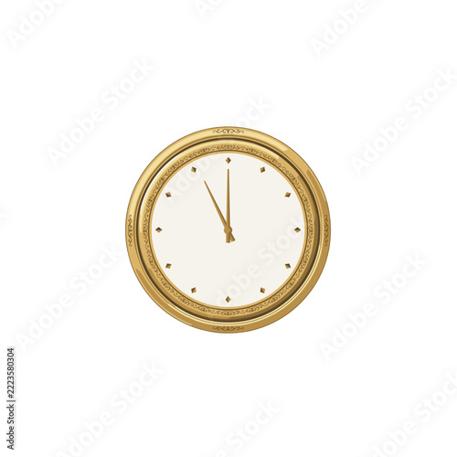 A golden clock face with Roman numerals indicating the time is almost noon.