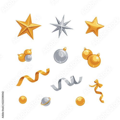 A collection of festive golden and silver ornaments, stars, and ribbons, perfect for holiday decorations.